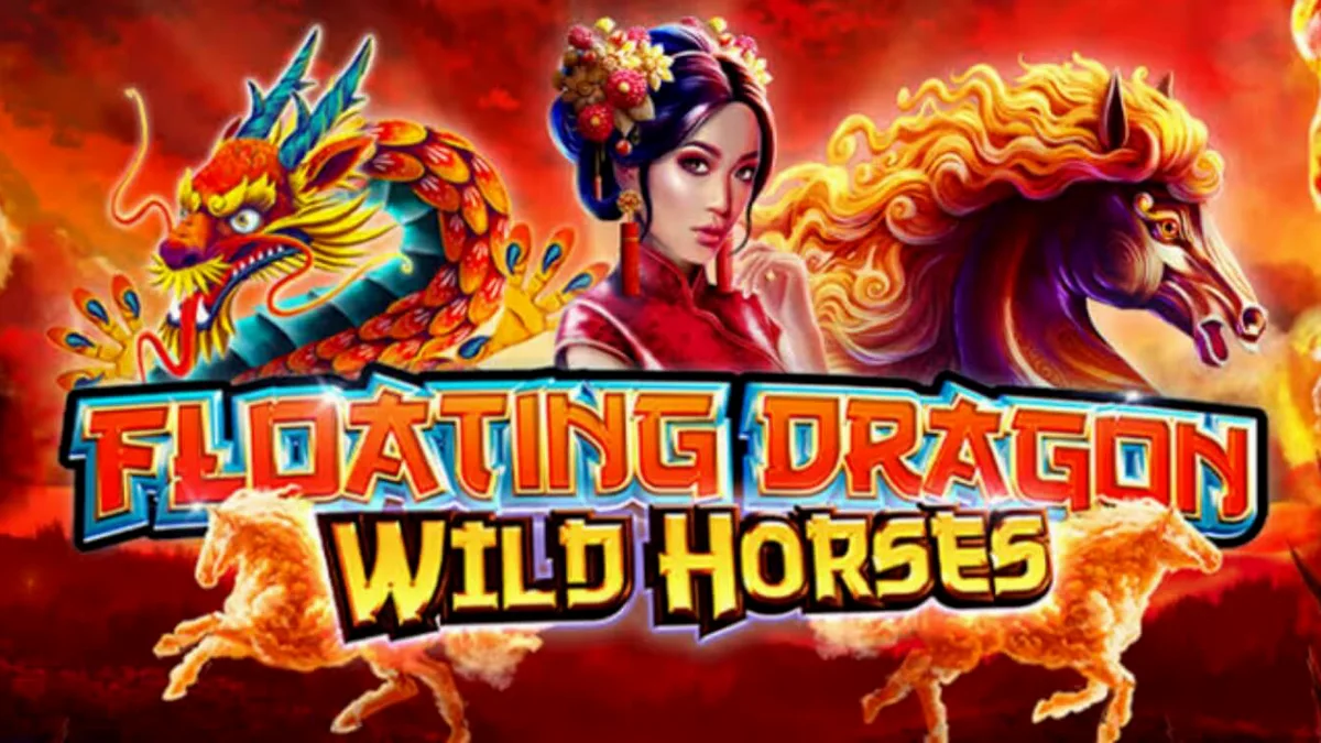 Interface do jogo Floating Dragon Wild Horses com símbolos asiáticos e cavalos
