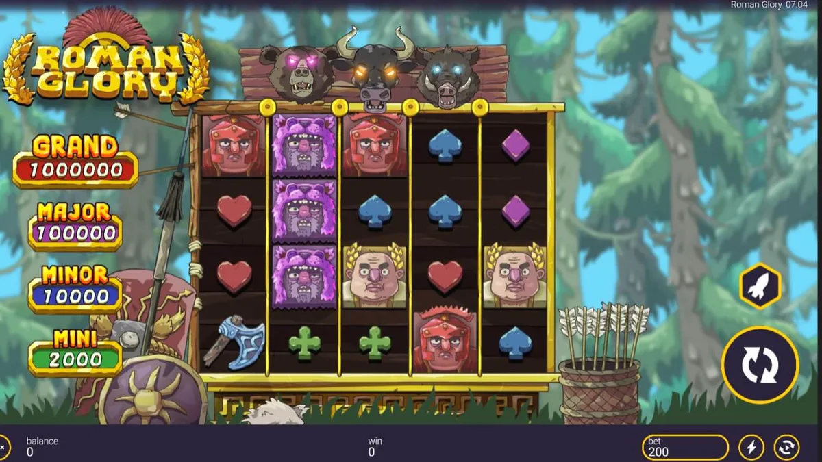 Interface do jogo de slot Roman Glory com temática de floresta e elementos romanos